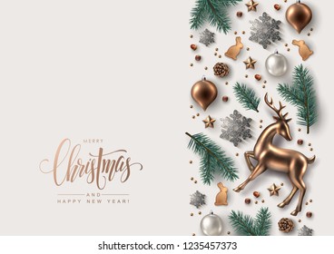 Christmas Decorative Border made of Pine Branches, Ornaments, Snowflakes, cookies and Gold Glass Deer. Flat lay, top view.