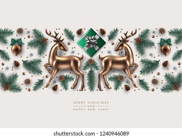 Christmas Decorative Border made of Pine Branches, Ornaments, Snowflakes, cookies and Gold Glass Deer. Flat lay, top view.