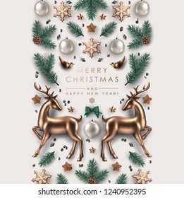 Christmas Decorative Border made of Pine Branches, Ornaments, Snowflakes, cookies and Gold Glass Deer. Flat lay, top view.