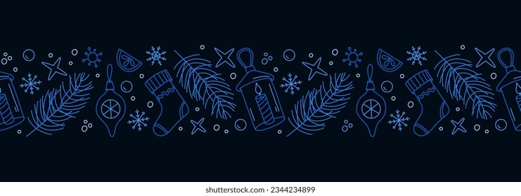 Christmas decorative border. Seamless pattern with cute doodle style design elements. Winter vector horizontal background. New Year and Christmas icons in line style