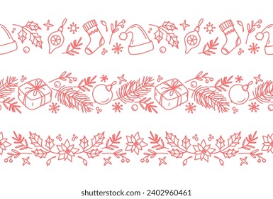 Conjunto de borde decorativo de Navidad. Patrón sin brillo con elementos de diseño de estilo doodle lindo. Fondo horizontal vectorial invernal. Iconos de Año Nuevo y Navidad en estilo de línea