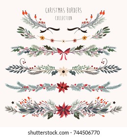 Christmas decorative borders with hand drawn floral branches