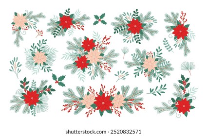 Christmas decorative bouquets set. Winter holiday flowers, plants and berries. Flat vector illustrations collection isolated on white background