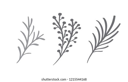 Christmas decorative branch elements design floral leaves in scandinavian style. Vector handdraw illustration for xmas greeting card