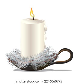 Christmas decorative candlestick with a burning candle decorated with branches of an evergreen Christmas tree, decor for New Year's holidays	