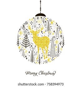 Christmas decorative card with a ball of snowflakes, firs and a golden silhouette of a deer.Vector