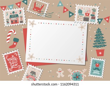 Christmas decorative card, border, frame with Christmas tree and festive decorations garland, sock, stamps. Christmas market and Happy New year sign. Christmas design for banner, card, invitation