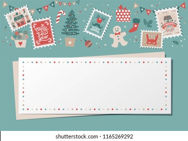 Christmas decorative card, border, frame with Christmas tree and festive decorations garland, sock, stamps. Christmas market and Happy New year sign. Christmas design for banner, card, invitation