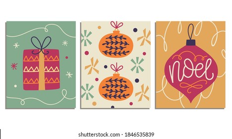 Christmas decorative cards set in retro vintage 1950s scandinavian style. Merry Christmas and Happy New Year posters, vector cover background collection. Festive journaling cards, folk scrapbooking