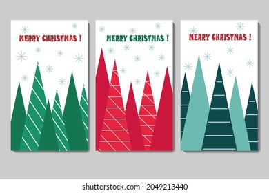 Christmas decorative cards. A set of templates. Stylized Christmas trees in blue, green and red. For greetings, invitations, flyers and brochures, covers, price tags and use in a variety of designs