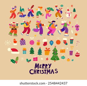 Christmas decorative collection with fun people, Christmas tree and gifts. People are dancing, having fun and celebrating Christmas	
