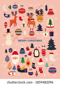 Christmas decorative collection with funny Santa Claus, Christmas toys, Christmas tree and holiday elements. Christmas greeting card