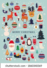 Christmas decorative collection with funny Santa Claus, Christmas toys, Christmas tree and holiday elements. Christmas greeting card