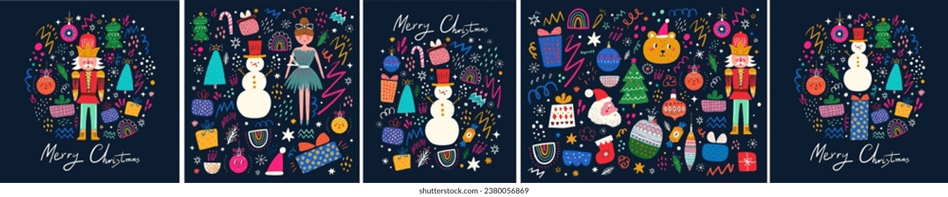 Christmas decorative collection with gifts, funny Nutcracker and Santa Claus	