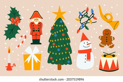 Christmas decorative collection with various Christmas elements and symbols. Greeting card, poster, or banner template. Vector hand drawn illustration.