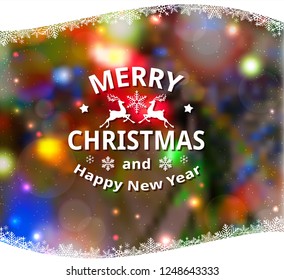 Christmas decorative colorful blurred shining background with white snowflakes. New year greeting card. Vector illustration