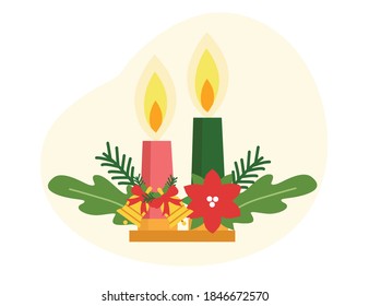 Christmas decorative composition with evergreen branches and candles. Vector illustration.
