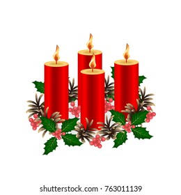 Christmas decorative composition. Four burning wax candles of red color. Decorated with a wreath of fir cones and a twig holly with berries. Isolated. White background