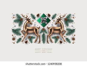 Christmas Decorative Composition made of Pine Branches, Ornaments, Snowflakes, cookies and Gold Glass Deer. Flat lay, top view.