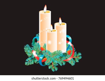 Christmas decorative composition. Three burning wax candles decorated with spruce branch and ribbon. Vector illustration isolated on black background.