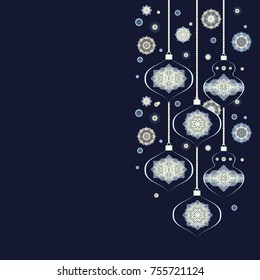 Christmas decorative composition with white - beige laced crystal balls  on dark blue background