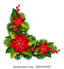 Christmas decorative corner background with green fir branches, red poinsettia flowers, holly, and mistletoe. Vector illustration. Hand-drawn illustration, not AI