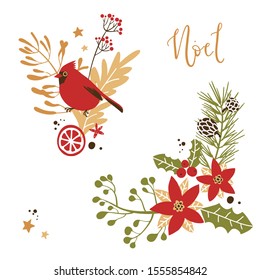 Christmas decorative corner compositions with traditional plants and birds. Vector illustration