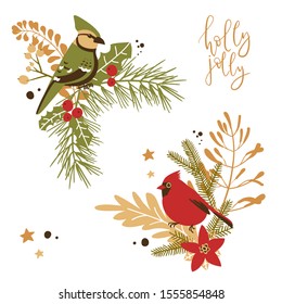 Christmas decorative corner compositions with traditional plants and birds. Vector illustration