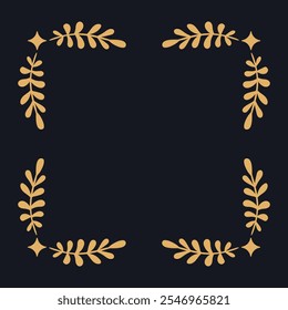 Christmas decorative corner elements. Gold botanical designs with leaves and star accents, arranged for framing or enhancing holiday-themed compositions. Elegant and festive