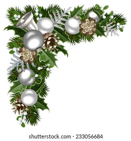 Christmas decorative corner with silver balls, fir branches, cones, holly and mistletoe. Vector illustration.