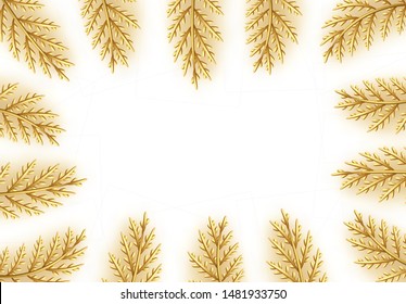 Christmas decorative design elements from golden pine and fir branches. Decor frame with branches from coniferous cypress tree. Xmas gold decorations. border with space for text. vector illustration
