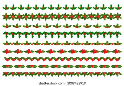 Christmas decorative dividers banners borders ornaments design elements with holly leaves berries set.