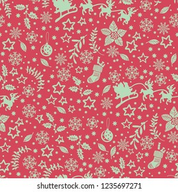 Christmas decorative doodle pattern. Seamless ornament for decorative surfaces: fabric. wallpaper, paper, etc. Holiday symbols.
