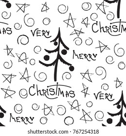 Christmas decorative doodle seamless vector pattern with quote Very Merry Christmas