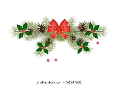 Christmas decorative element. Branches of holly with berries and pine branches with a decorative silk bow. Isolated. White background