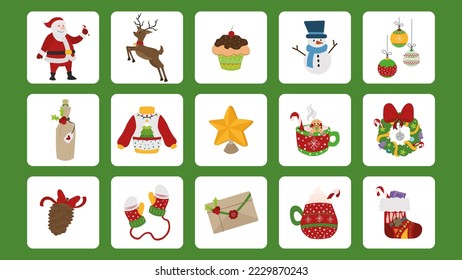 Christmas decorative element and character set. Big Christmas icon collection for graphic and web. Santa Claus, reindeer, snowman, gloves, ornaments and more.