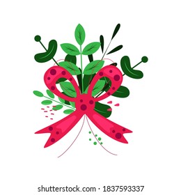 Christmas decorative element. Wreath icon. Green leaves with red bow. Perfect for poster, card, banner, flyer. Flat style. Vector illustration isolated on white background.