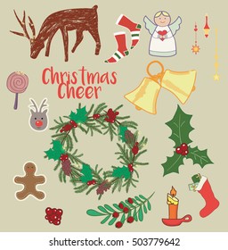 Christmas decorative elements. Beautiful funky vector graphic, hand drawn.