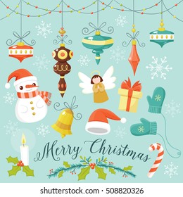 Christmas decorative elements. Cute hand draw christmas objects, perfect for backgrounds, greeting cards and labels. Vector illustration.