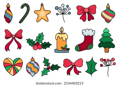 Christmas decorative elements. Hand draw Christmas icons set with baubles, Christmas tree, bow, berry, holly, candle, Christmas stockings