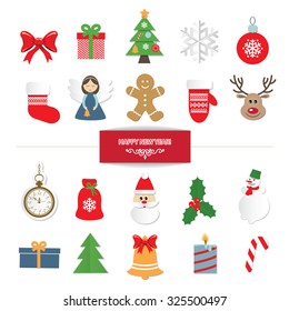 Christmas decorative elements and icons set isolated on white. New year stickers.