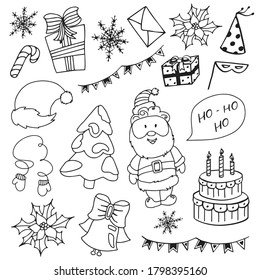 Christmas decorative elements isolated on white background in doodle style. Happy New Year!