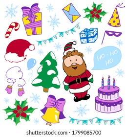 Elementos decorativos navideños aislados en fondo blanco al estilo doodle. Pegatinas de feliz año nuevo en color.