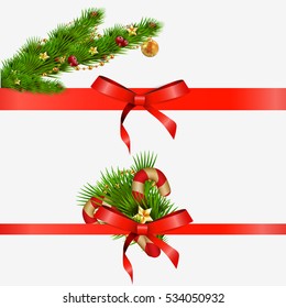 Christmas decorative elements with red bows, Xmas tree branches. vector illustration