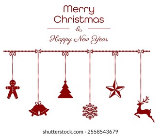 Christmas decorative elements in red color hanging on a string, snowflake, deer, gingerbread, bells, Christmas tree, star. Isolated background. Vector illustration. Merry Christmas and Happy New Year.