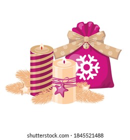 Christmas decorative elements in red and gold colors: candles, gift bag, spruce branches. Vector, white background, isolated.