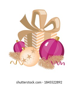 Christmas decorative elements in red and gold colors: a gift with a bow, Christmas balls, spruce branches. Vector, white background, isolated.