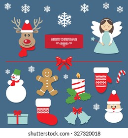 Christmas decorative elements set. Cute New Year Stickers. Angel, Deer, Santa Claus, Gingerbread Man, Snowman, Mitten, Bells.