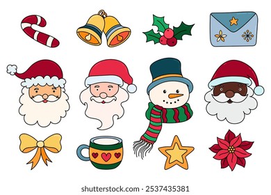 Christmas decorative elements set. Hand draw Christmas icons set with Santa Claus Head, Snowman, holy, poinsettia, bells