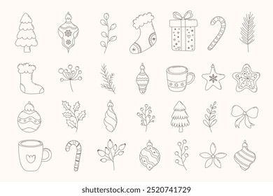 Christmas decorative elements set in line art style. Xmas festive linear icons set. Christmas symbols outline set